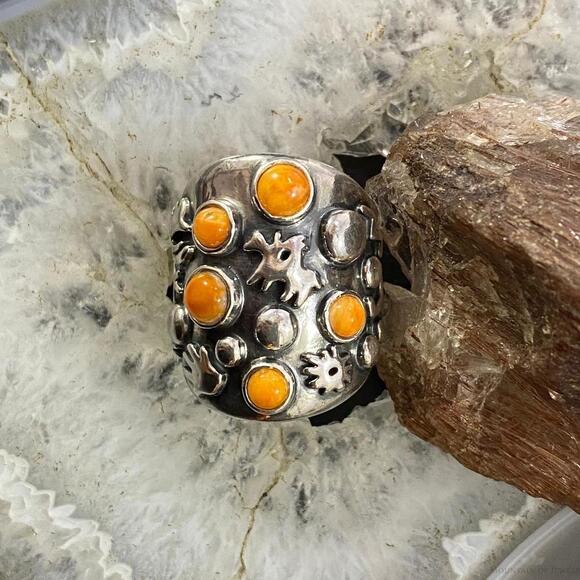 Carolyn Pollack Sterling Silver 5 Orange Spiny Oyster Petroglyph Ring For Women - Picture 4 of 10